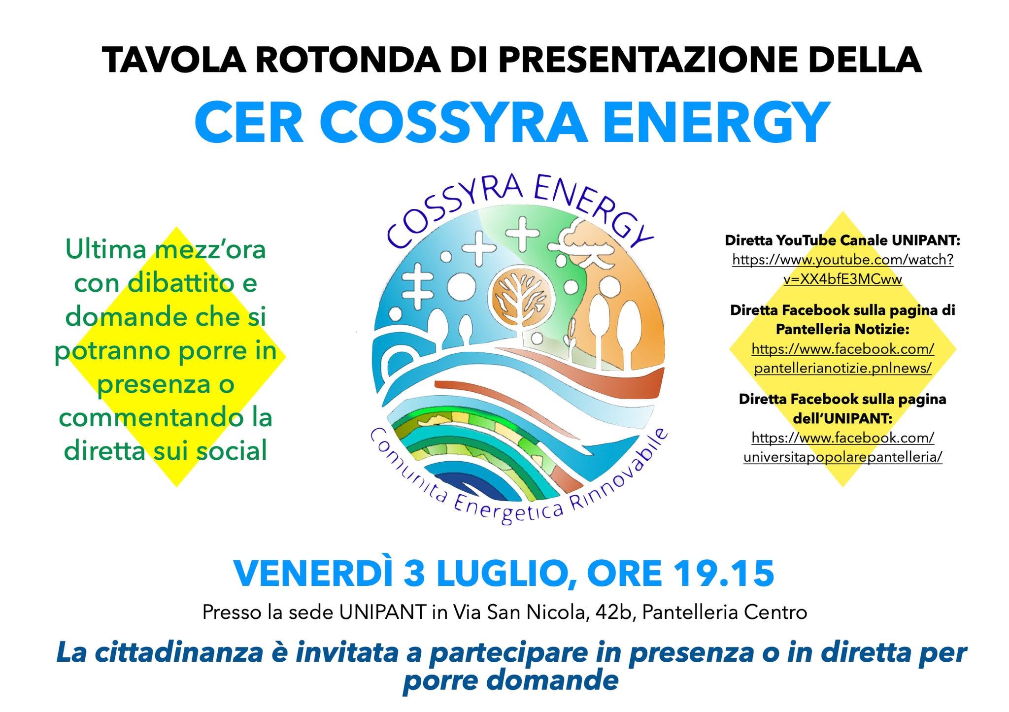 Transizione energetica a Pantelleria: presentazione della Comunità Energetica Rinnovabile Cossyra Energy il 3 luglio. Si parte!