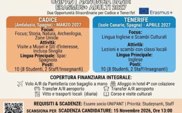L’UNIPANT annuncia l’apertura dei bandi di selezione per le mobilità Erasmus+ Adulti a Cadice e Tenerife per il 2027 e celebra un anno record di finanziamenti europei