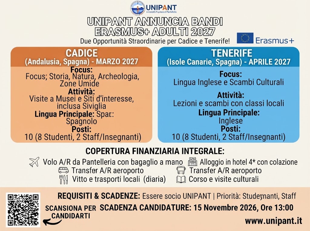 L’UNIPANT annuncia l’apertura dei bandi di selezione per le mobilità Erasmus+ Adulti a Cadice e Tenerife per il 2027 e celebra un anno record di finanziamenti europei
